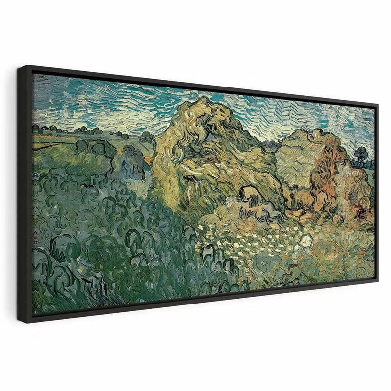 Vincent van gogh field with – svart ram. Ett grönt fält och träd i bildens ena del återges med tydliga penseldrag och sammanhållna färgfält.