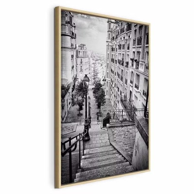 Parisian suburb vertical – naturfärgad ram. En lång trappa med mörkt räcke leder ned mellan täta husfasader i en svartvit stadsbild.