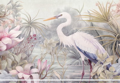 Heron wading in a pond – motivvy. En vit, långbent häger står i vatten bland rosa blommor, grågröna blad och ljusa tropiska växter.