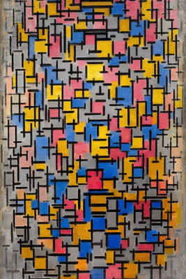 Piet mondrian composition – motivvy. Korta svarta linjer omger gula, blå, rosa och ljusa färgfält i ett tätt geometriskt nät.