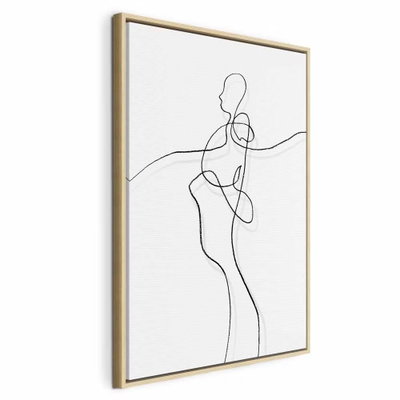 My soul vertical – naturfärgad ram. En kvinnlig figur med utsträckt arm antyds av tunna, slingrande svarta linjer mot vitt.