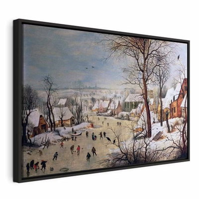 Pieter bruegel the elder – svart ram. Små gestalter rör sig på isen i en snötäckt by med kala träd och hus under en blågrå himmel.