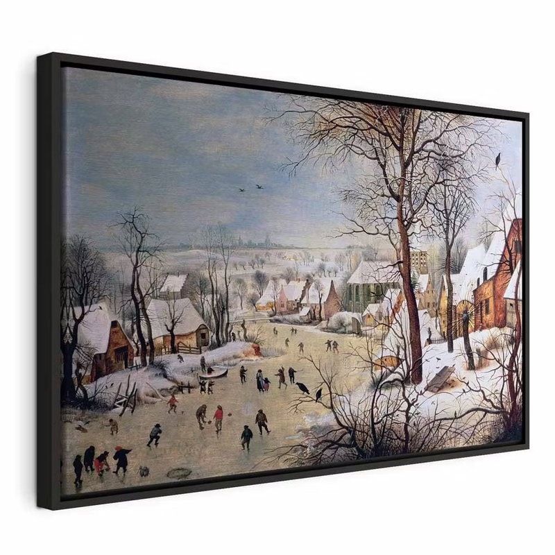 Pieter bruegel the elder – svart ram. Små gestalter rör sig på isen i en snötäckt by med kala träd och hus under en blågrå himmel.