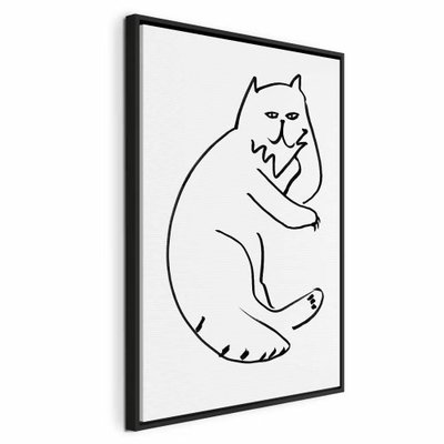 Cat relaxing vertical – svart ram. En sittande katt med böjd tass och lätt lutat huvud tecknas med enkla svarta konturer på vitt.