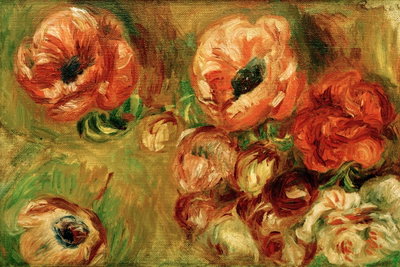 Pierre auguste renoir les – motivvy. Stora röda och orange blommor med gröna blad återges med breda, synliga penseldrag.