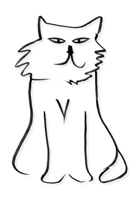 I and m looking at you – motivvy. En sittande katt med spetsiga öron och smala ögon tecknas med en enkel svart konturlinje på vitt.