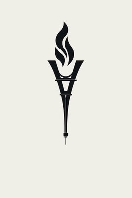 Torch shaped like an – motivvy. En svart fackelliknande symbol med flamma framträder mot en ljust crèmefärgad botten.