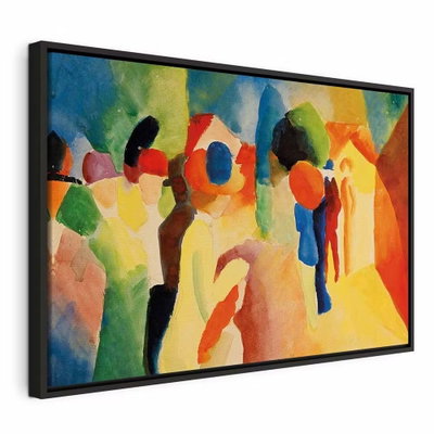August macke with a yellow – svart ram. Förenklade människogestalter och stora runda former möts i starka gula, orange, blå, gröna och rosa fält.