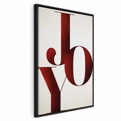 Joy vertical – svart ram. Stora mörkröda bokstäver med ordet JOY bildar en lodrät komposition på en ljus botten.