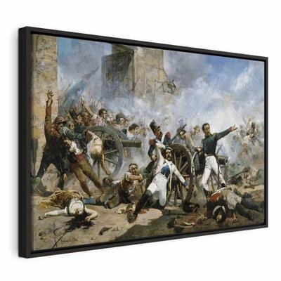 Joaqu n sorolla y bastida – svart ram. Uniformerade gestalter och kanoner samlas i ett rökigt, målat landskap med grå, blå och bruna toner.