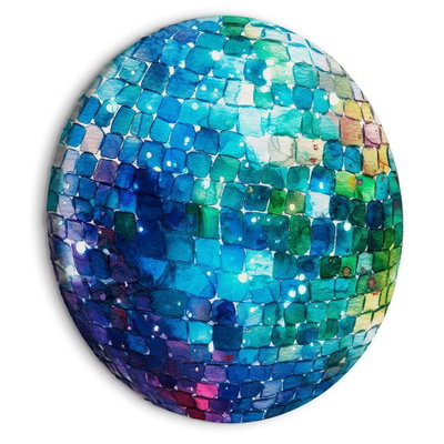 Rund motivvy för Turquoise disco ball: Oregelbundna rutor i turkost, blått och grönt bygger upp en målerisk discokula.