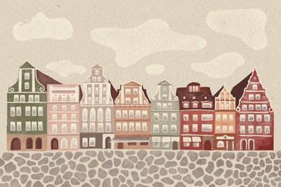 Salt square colorful – motivvy. En rad smala husfasader i grönt, rosa och rött står vid en illustrerad stenbelagd yta under små ljusa moln.