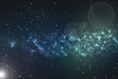 Space wide – motivvy. Ljuspunkter, stjärnor och mjuka planetliknande former sträcker sig genom en mörk blå och turkos rymdvy.