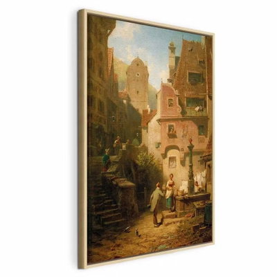 Carl spitzweg well wisher – naturfärgad ram. Små figurer står kring en brunn mellan varma, gulbruna husfasader med små fönster och detaljer.