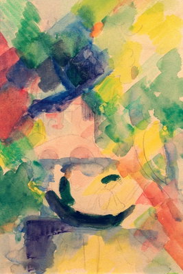 August macke couple in the – motivvy. Lösa gröna, blå, rosa och gula färgfält antyder två figurer i ett tätt, ljusfyllt motiv.
