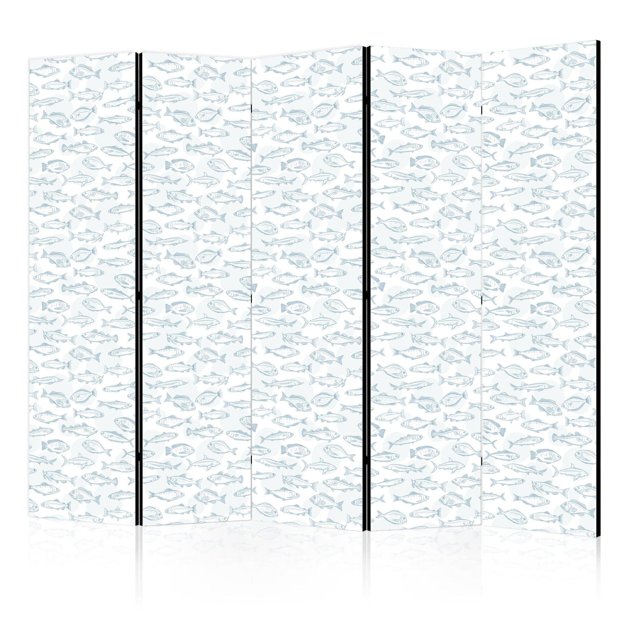 5-delad ljuddämpande rumsavdelare – Blue fish (225x172cm)