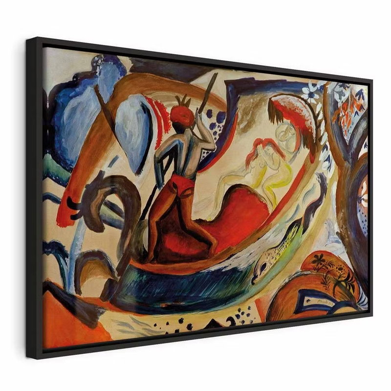 August macke nackte mädchen – svart ram. Röda, blå, svarta och gula böjda former möts i en livlig, tätt målad komposition.