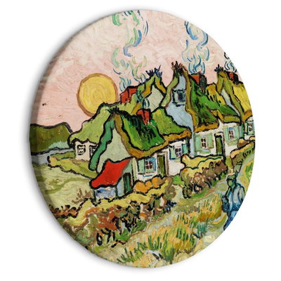 Rund motivvy för Vincent van Gogh - thatched: Små hus med halmtak ligger i ett färgstarkt landskap under en rosa himmel och en gul sol.