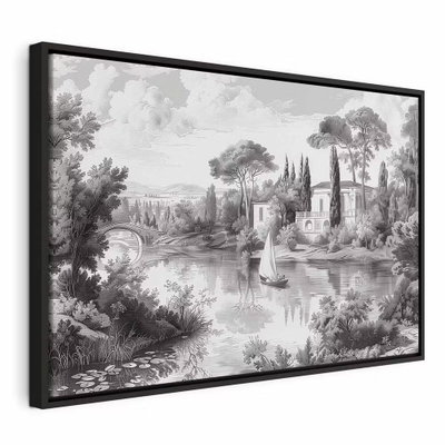 Black and white vintage – svart ram. En liten segelbåt speglas i stilla vatten mellan byggnader, träd och mjuka höjder i ett detaljrikt gråskaligt motiv.