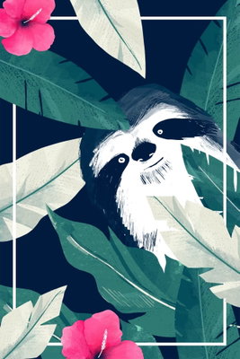 Sloth in the tropics – motivvy. En illustrerad sengångare tittar fram mellan stora mörkgröna blad och rosa blommor.