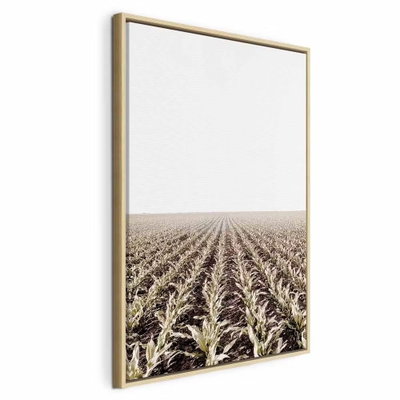 Corn field vertical – naturfärgad ram. Täta, parallella rader av torra växtrester leder över ett brunt fält mot en stor och ljus himmel.