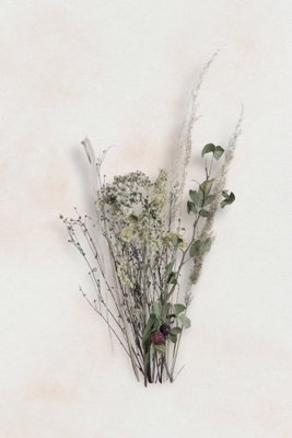 Autumn bouquet vertical – motivvy. En smal bukett av tunna grenar, små gröna blad och ljusa ax ligger på en nästan vit bildyta.