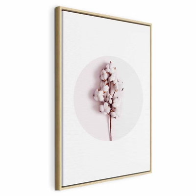 Soft cotton vertical – naturfärgad ram. En kvist med mjuka vita bomullsbollar ligger inom en blekt rosa cirkel mot vitt.