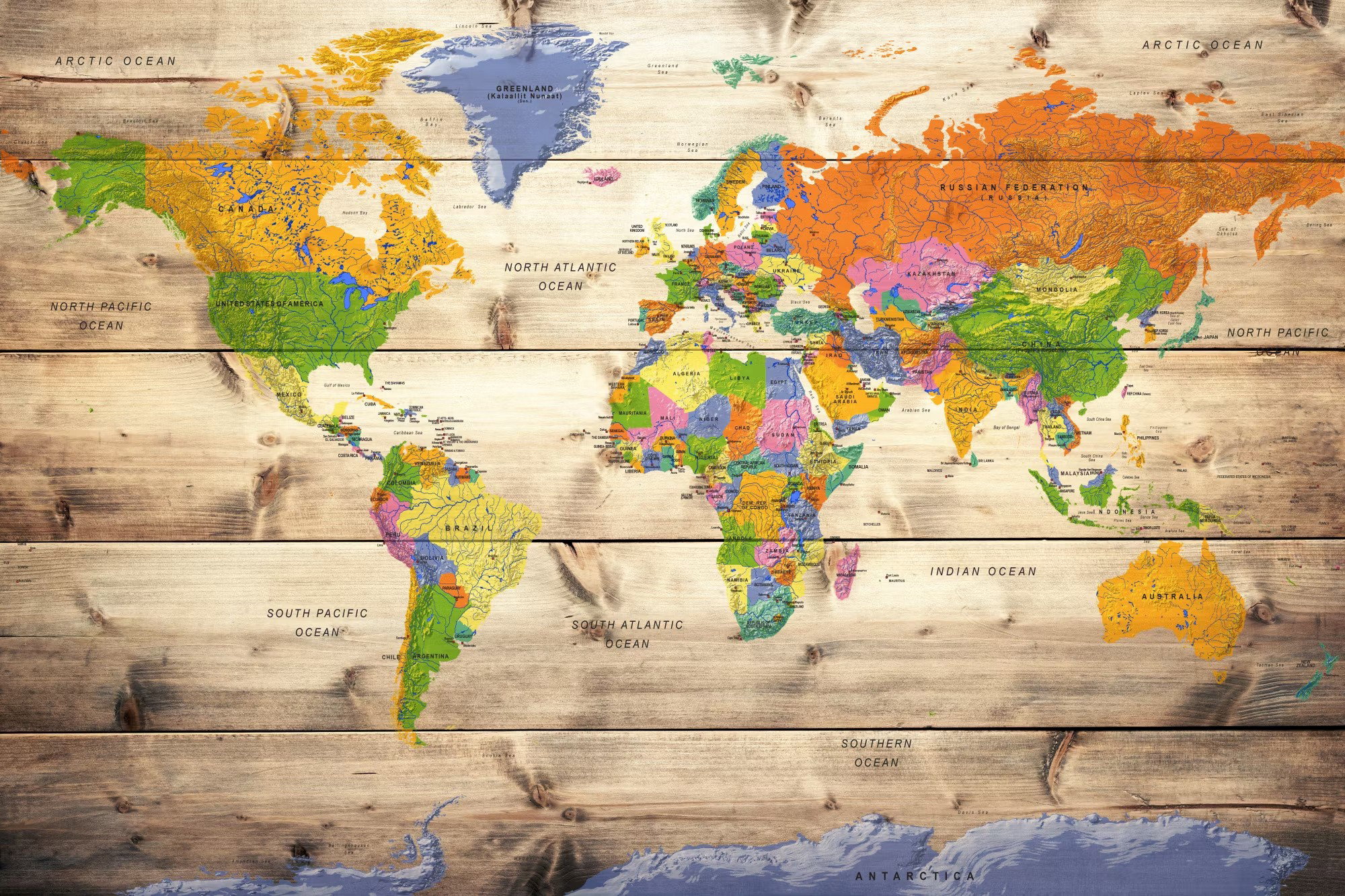 Ljuddämpande anslagstavla - Map on wood colourful travels (60x40cm)