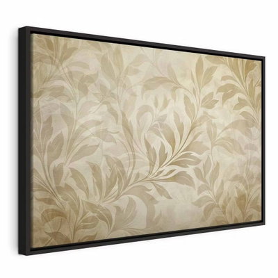 Botanical motif with leaves – svart ram. Överlappande blad i beige, crème och gråbrunt breder ut sig över en varm, ljust texturerad bakgrund.