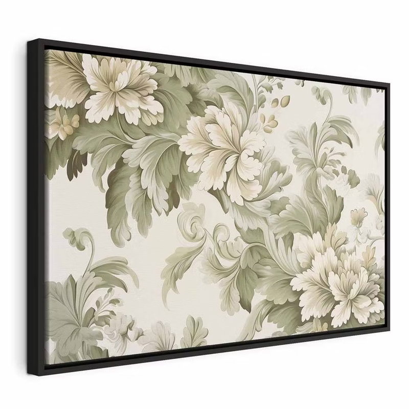 Retro vintage flowers in – svart ram. Stora crèmefärgade blommor och gröngrå blad bildar ett tätt dekorativt mönster på ljus botten.