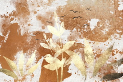 Rural atmosphere wide – motivvy. Ljusa blommor och blad möter vita färgstänk över en bred, rostbrun bakgrund.