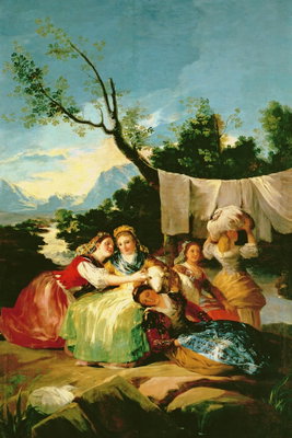Francisco goya the – motivvy. Ett sällskap i färggranna historiska kläder sitter vid ett stort träd i ett böljande landskap.