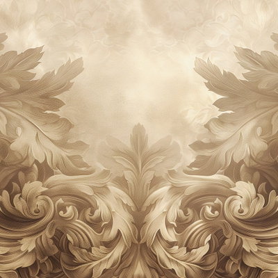 Kvadratisk motivförlaga för Carved baroque ornaments: Krökta blad och rullade ornament möts i beige och bruna toner.