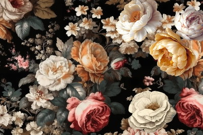 Colourful flowers on a black – motivvy. Vita, crèmefärgade, rosa och gulorange rosor med mörkgröna blad bildar ett tätt mönster mot svart.