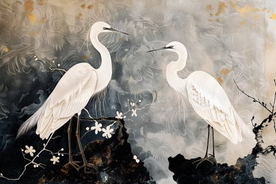 Herons and cherry blossoms – motivvy. Två vita hägrar står på mörka grenar med små vita blommor framför en grå, dekorativ bakgrund.
