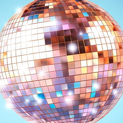 Kvadratisk motivforlæg for Rose gold disco ball: En diskokugle med kobberrosa og lyse guldfarvede felter spejler blå og hvide toner.