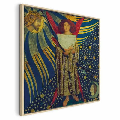 Dante gabriel rossetti – naturfärgad ram. En stående kvinnogestalt med utsträckta armar omges av blå, guldfärgade och röda mönster och små stjärnor.