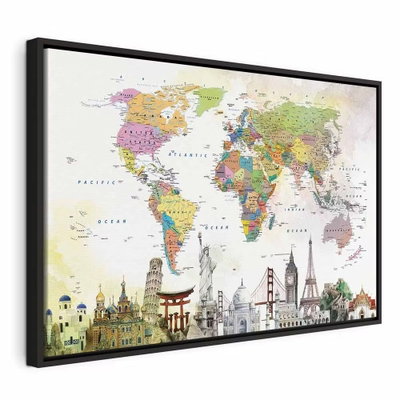 Wonders of the world wide – svart ram. En färgrik världskarta möter små illustrerade landmärken längs bildens nedre del.