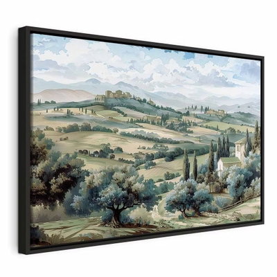 Landscape with green fields – svart ram. Mjuka gröna kullar, små byggnader och smala träd ligger under en stor ljus himmel i ett detaljrikt målat landskap.