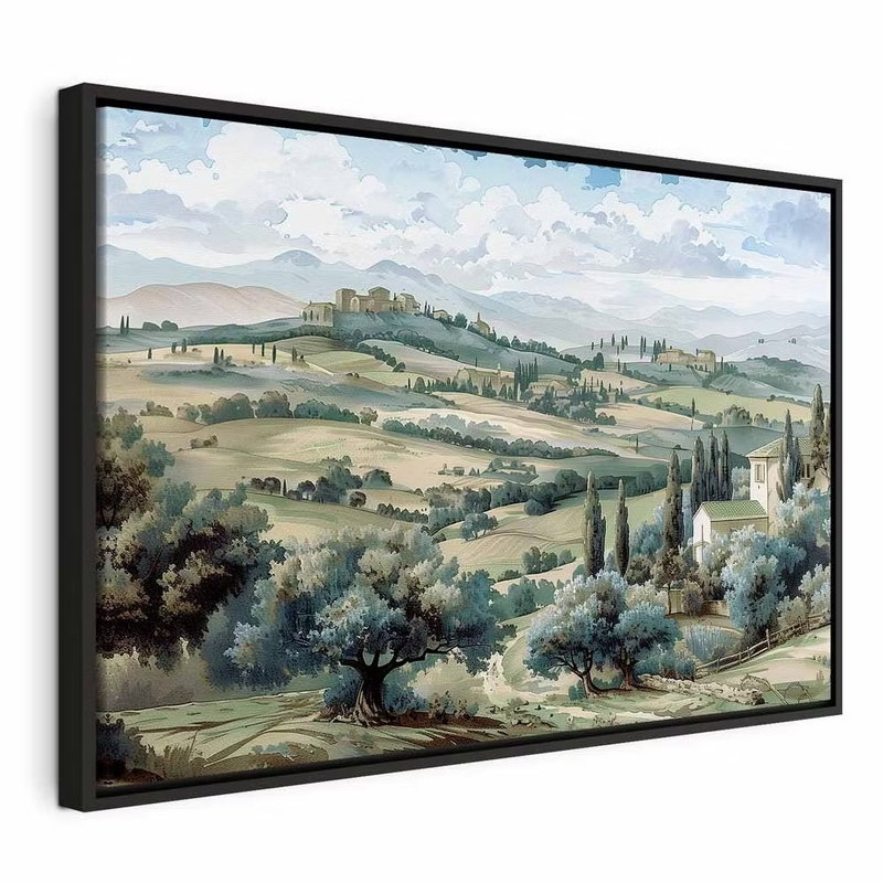 Landscape with green fields – svart ram. Mjuka gröna kullar, små byggnader och smala träd ligger under en stor ljus himmel i ett detaljrikt målat landskap.