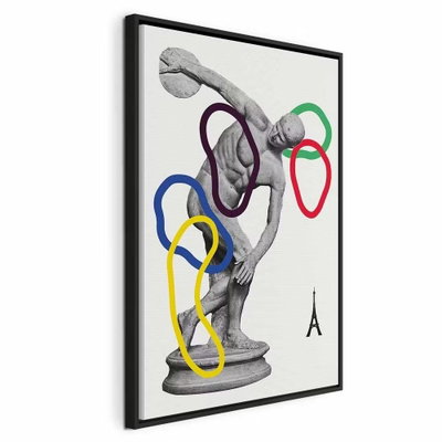 Collage graphic – svart ram. En grå figur i en kastande pose omges av fria slingor i blått, gult, lila, grönt och rött på ljust.