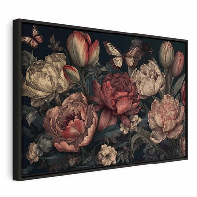 Flowers on a turquoise – svart ram. Rosa, crèmefärgade och röda blommor med gröna blad omger en fjäril mot en mörk bakgrund.
