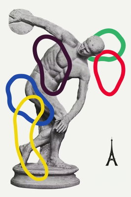 Collage graphic – motivvy. En grå figur i en kastande pose omges av fria slingor i blått, gult, lila, grönt och rött på ljust.