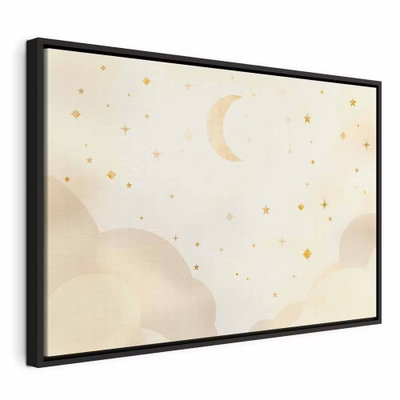 Bright night moon – svart ram. En gul månskära och små stjärnor svävar ovan ljusa, rundade moln i en crèmefärgad illustration.