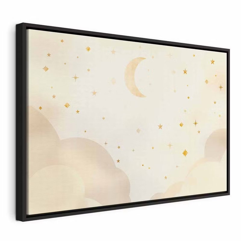 Bright night moon – svart ram. En gul månskära och små stjärnor svävar ovan ljusa, rundade moln i en crèmefärgad illustration.