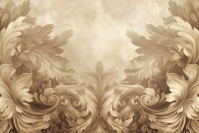 Carved baroque ornaments – motivvy. Stora, ljusbruna bladformer svänger symmetriskt runt en ljus mitt. Den snidade reliefkänslan hör till tryckmotivet.
