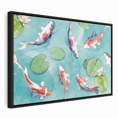Pond in japan – svart ram. Vita och röda fiskar simmar bland gröna näckrosblad i ett illustrerat turkost vatten.