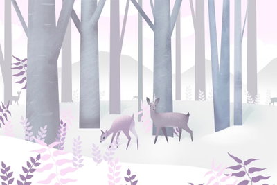 Fairy tale forest vertical – motivvy. Två stiliserade hjortdjur möts bland höga gråvioletta träd och ljusa, snöliknande kullar.