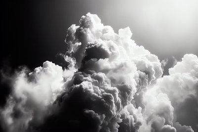 Clouds like from dreams let – motivvy. Ett starkt ljus från sidan fångar täta vita moln mot en svart och mörkgrå himmel.