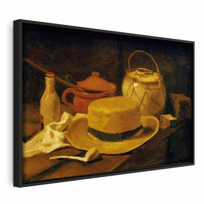 Vincent van gogh still life – svart ram. En gul kanna, en kopp, en skål och en tekanna bildar ett stilleben i varma bruna och gula toner.